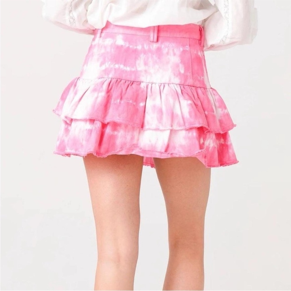 LoveShackFancy Pink Tie Dye Ruffle Mini Skirt Tiered Boho Festival Size 00 - Picture 2 of 6